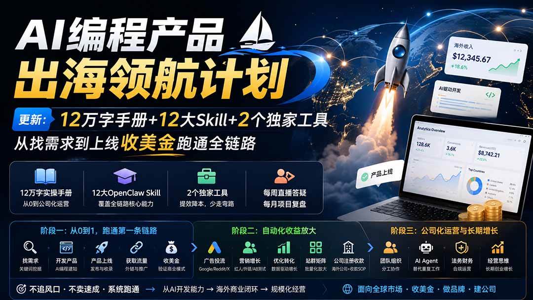 （20099期）AI编程产品出海领航计划-更新：12万字手册+12大Skill+2个独家工具，从找需求到上线收美金跑通全链路兼职项目|网络创业|Ai项目| 网赚项目 | 网络创业 | AI 实战 | 副业兼职找项目_兼职创业_自媒体创业_流量变现