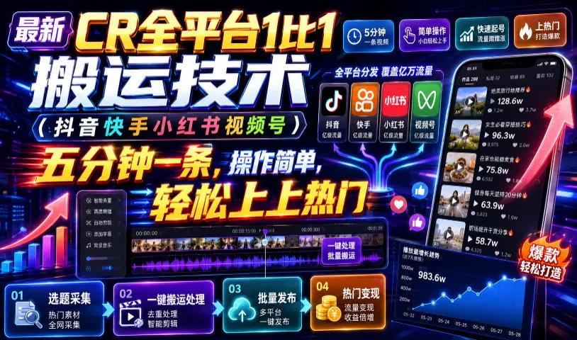最新CR全平台1比1搬运技术(抖音快手小红书视频号)五分钟分钟一条,操作简单,轻松上热门(教程+软件+参数)兼职项目|网络创业|Ai项目| 网赚项目 | 网络创业 | AI 实战 | 副业兼职找项目_兼职创业_自媒体创业_流量变现