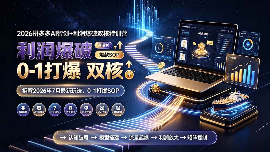 （19562期）2026拼多多AI智创+利润爆破双核特训营-更新：拆解2026年7月最新玩法，0-1打爆SOP兼职项目|网络创业|Ai项目| 网赚项目 | 网络创业 | AI 实战 | 副业兼职找项目_兼职创业_自媒体创业_流量变现