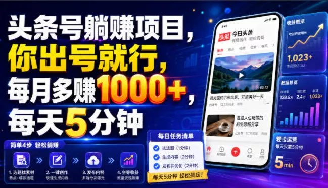 头条号躺賺项目，你出号就行，每月多賺1000+，每天5分钟，坐等分米【揭秘】兼职项目|网络创业|Ai项目| 网赚项目 | 网络创业 | AI 实战 | 副业兼职找项目_兼职创业_自媒体创业_流量变现