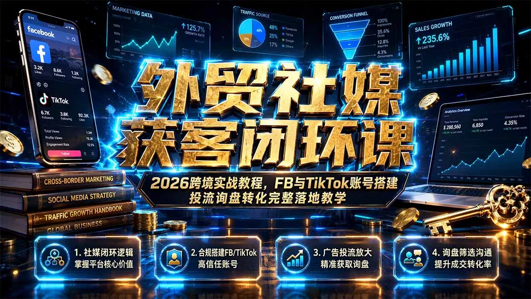 外贸社媒获客闭环课｜2026跨境实战教程，FB与TikTok账号搭建投流询盘转化完整落地教学兼职项目|网络创业|Ai项目| 网赚项目 | 网络创业 | AI 实战 | 副业兼职找项目_兼职创业_自媒体创业_流量变现