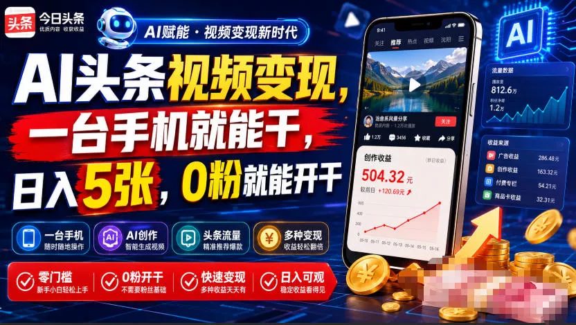 AI头条视频变现,一台手机就能干,日入5张,0粉就能开干兼职项目|网络创业|Ai项目| 网赚项目 | 网络创业 | AI 实战 | 副业兼职找项目_兼职创业_自媒体创业_流量变现