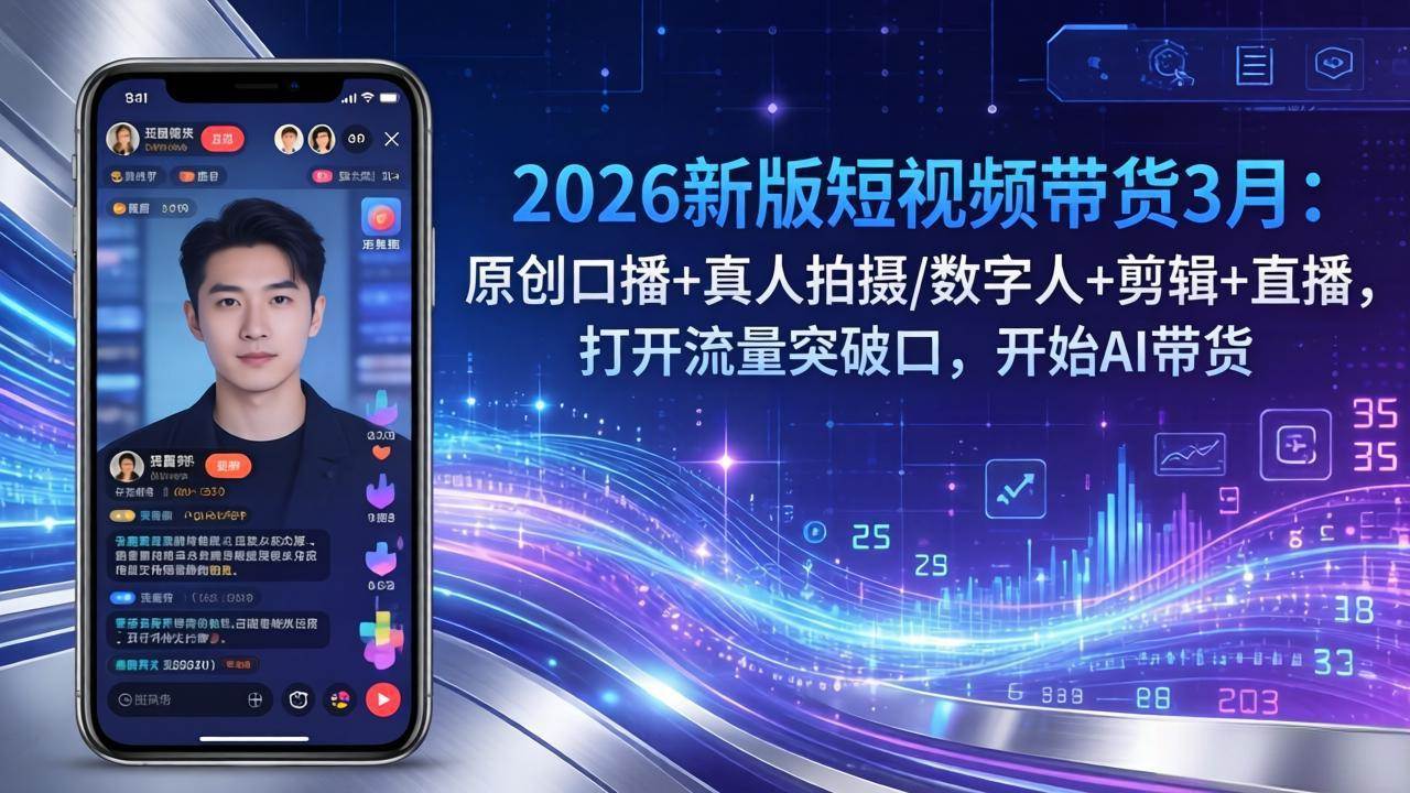 （17724期）2026新版短视频带货3月：原创口播+真人拍摄/数字人+剪辑+直播，打开流量突破口，开始AI带货兼职项目|网络创业|Ai项目| 网赚项目 | 网络创业 | AI 实战 | 副业兼职找项目_兼职创业_自媒体创业_流量变现