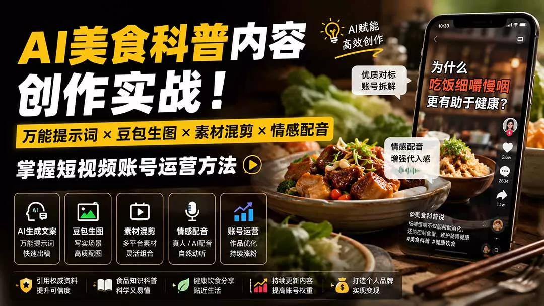 外面卖199元-AI美食科普内容创作实战！万能提示词×豆包生图×素材混剪×情感配音，掌握短视频账号运营方法兼职项目|网络创业|Ai项目| 网赚项目 | 网络创业 | AI 实战 | 副业兼职找项目_兼职创业_自媒体创业_流量变现