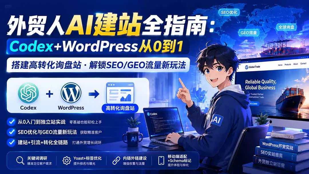 外贸人AI建站全指南：Codex+WordPress从0到1·搭建高转化询盘站·解锁SEO/GEO流量新玩法-更新8月兼职项目|网络创业|Ai项目| 网赚项目 | 网络创业 | AI 实战 | 副业兼职找项目_兼职创业_自媒体创业_流量变现