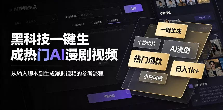 黑科技一键生成热门AI漫剧视频，十秒钟即可搞定，小白也能日入1k+【揭秘】兼职项目|网络创业|Ai项目| 网赚项目 | 网络创业 | AI 实战 | 副业兼职找项目_兼职创业_自媒体创业_流量变现