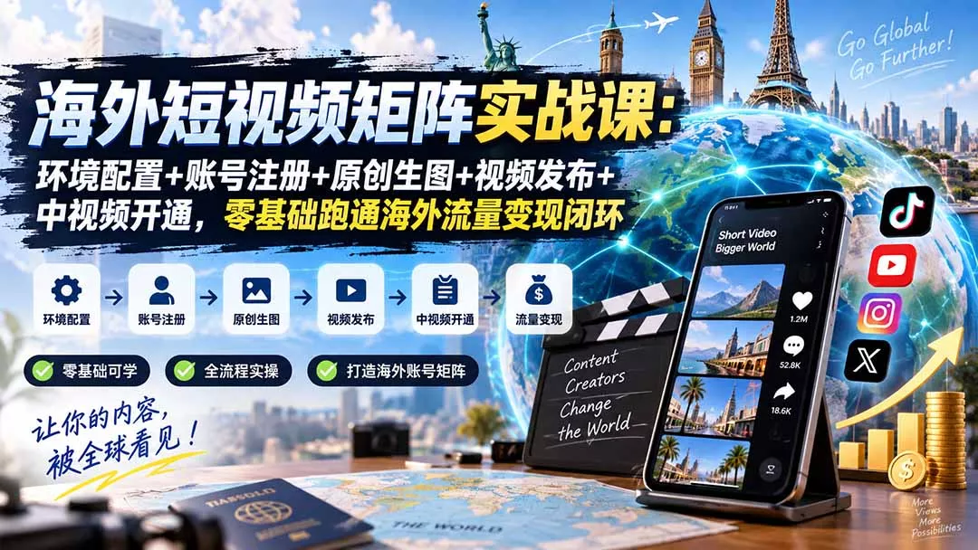 海外短视频矩阵实战课：环境配置+账号注册+原创生图+视频发布+中视频开通，零基础跑通海外流量变现闭环兼职项目|网络创业|Ai项目| 网赚项目 | 网络创业 | AI 实战 | 副业兼职找项目_兼职创业_自媒体创业_流量变现