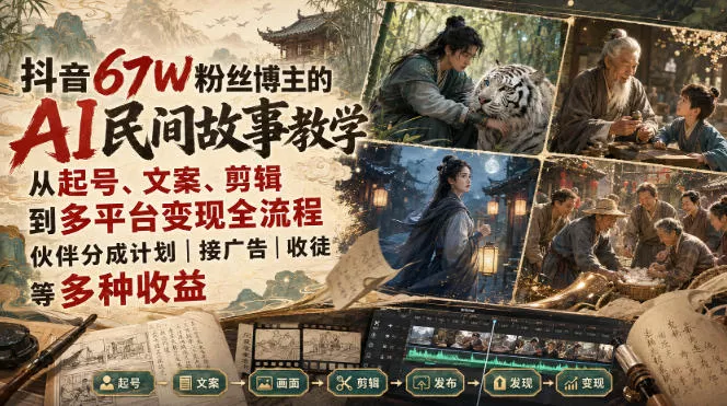 抖音67W粉丝博主的AI民间故事教学,从起号、文案、剪辑到多平台变现全流程,伙伴分成计划接广告等多种收益,月入1W+兼职项目|网络创业|Ai项目| 网赚项目 | 网络创业 | AI 实战 | 副业兼职找项目_兼职创业_自媒体创业_流量变现