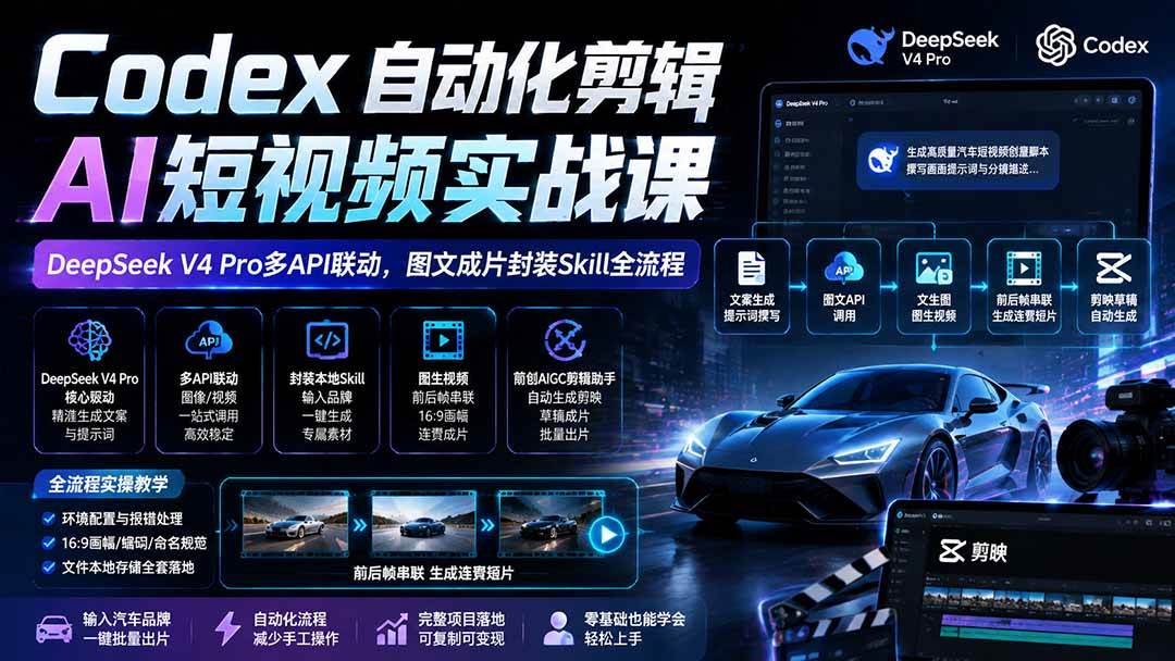 （19711期）Codex自动化剪辑AI短视频实战课｜DeepSeek V4 Pro多API联动，图文成片封装Skill全流程兼职项目|网络创业|Ai项目| 网赚项目 | 网络创业 | AI 实战 | 副业兼职找项目_兼职创业_自媒体创业_流量变现
