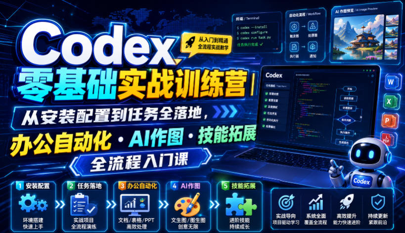 Codex零基础实战训练营|从安装配置到任务全落地,办公自动化・AI作图・技能拓展全流程入门课兼职项目|网络创业|Ai项目| 网赚项目 | 网络创业 | AI 实战 | 副业兼职找项目_兼职创业_自媒体创业_流量变现