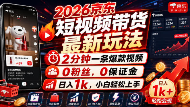 2026京东短视频带货最新玩法，2分钟一条爆款视频，0粉丝，0保证金，日入1k，小白轻松上手【揭秘】兼职项目|网络创业|Ai项目| 网赚项目 | 网络创业 | AI 实战 | 副业兼职找项目_兼职创业_自媒体创业_流量变现