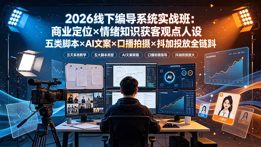 2026线下编导系统实战班:商业定位×情绪知识获客观点人设五类脚本×AI文案×口播拍摄×抖加投放全链路兼职项目|网络创业|Ai项目| 网赚项目 | 网络创业 | AI 实战 | 副业兼职找项目_兼职创业_自媒体创业_流量变现
