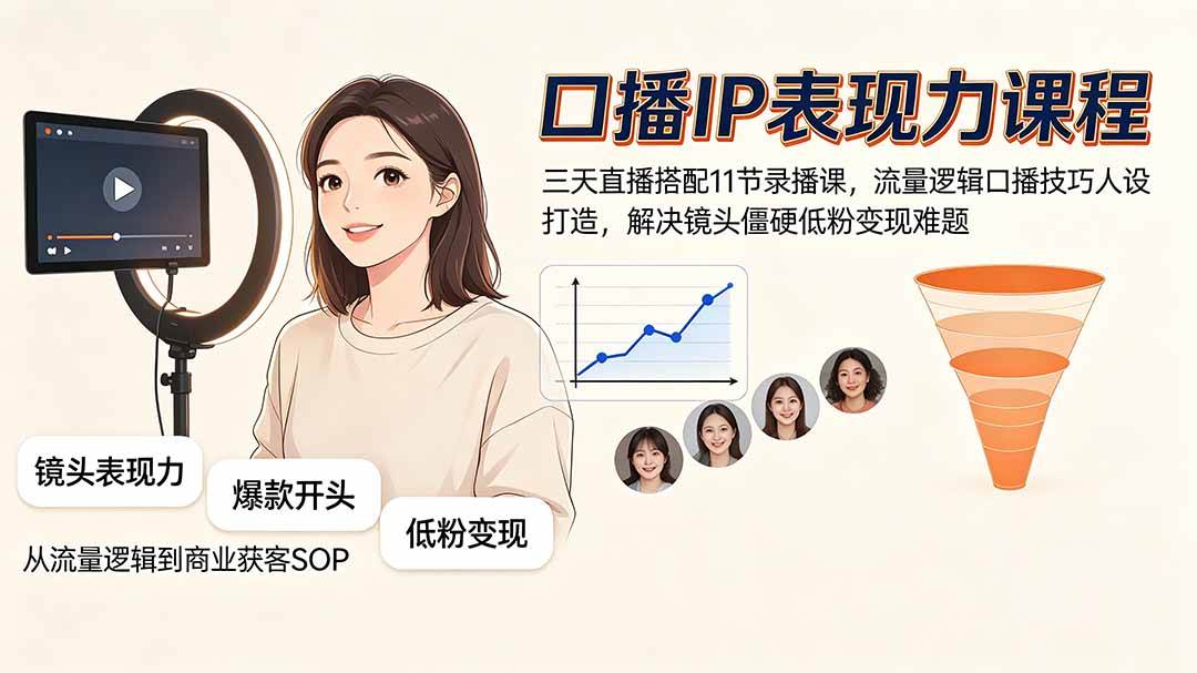 （19604期）口播IP表现力课程｜三天直播搭配11节录播课，流量逻辑口播技巧人设打造，解决镜头僵硬低粉变现难题兼职项目|网络创业|Ai项目| 网赚项目 | 网络创业 | AI 实战 | 副业兼职找项目_兼职创业_自媒体创业_流量变现