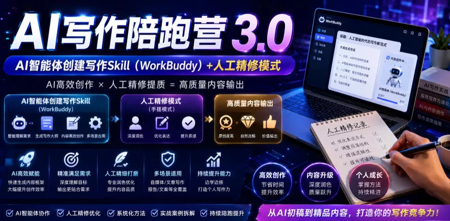 AI写作陪跑营3.0，Ai智能体创建写作skill(workbuddy)+人工手写模式(手搓模式)，去除AI痕迹(头条号、公众号、百家号)(更新0730)兼职项目|网络创业|Ai项目| 网赚项目 | 网络创业 | AI 实战 | 副业兼职找项目_兼职创业_自媒体创业_流量变现