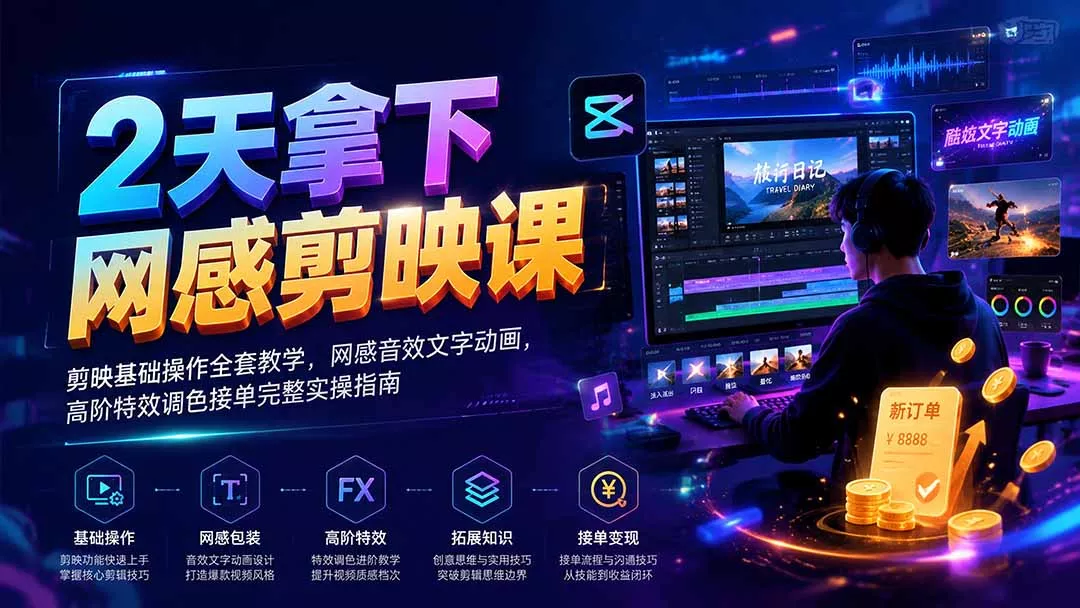2天拿下网感剪辑课｜剪映基础操作全套教学，网感音效文字动画，高阶特效调色接单完整实操指南兼职项目|网络创业|Ai项目| 网赚项目 | 网络创业 | AI 实战 | 副业兼职找项目_兼职创业_自媒体创业_流量变现