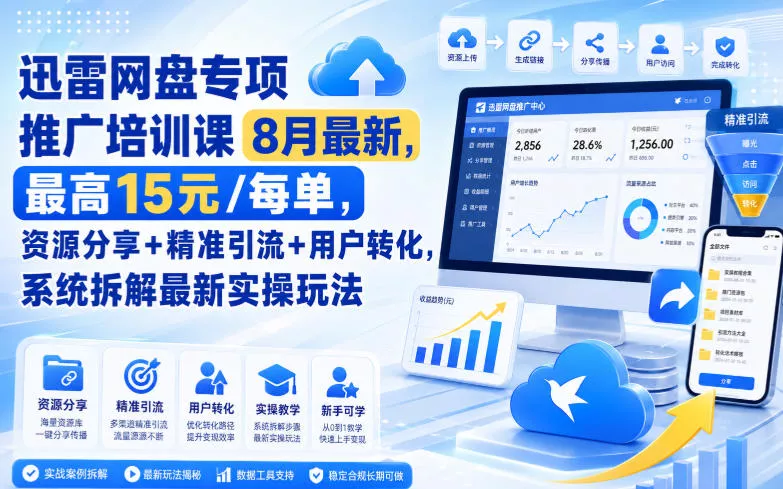 迅雷网盘专项推广培训课8月最新，最高15米/每单，资源分享+精准引流+用户转化，系统拆解最新实操玩法(更新0824)兼职项目|网络创业|Ai项目| 网赚项目 | 网络创业 | AI 实战 | 副业兼职找项目_兼职创业_自媒体创业_流量变现