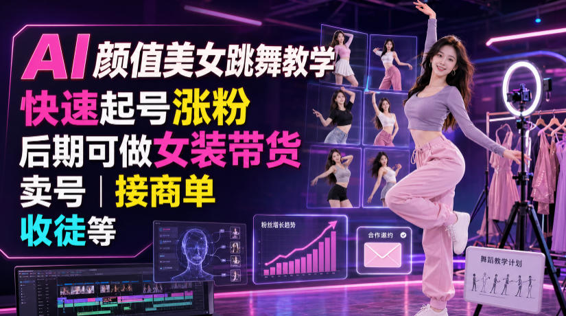 AI颜值美女跳舞教学，快速起号涨粉，后期可做女装带货，卖号，接商单，收徒等兼职项目|网络创业|Ai项目| 网赚项目 | 网络创业 | AI 实战 | 副业兼职找项目_兼职创业_自媒体创业_流量变现