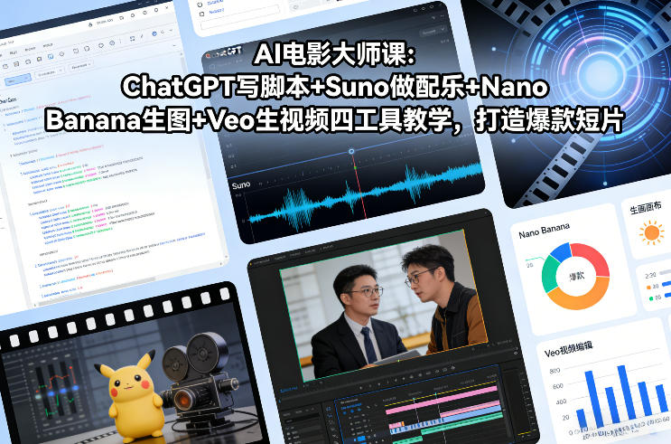 AI电影大师课:ChatGPT写脚本+Suno做配乐+Nano Banana生图+Veo生视频,打造爆款短片兼职项目|网络创业|Ai项目| 网赚项目 | 网络创业 | AI 实战 | 副业兼职找项目_兼职创业_自媒体创业_流量变现
