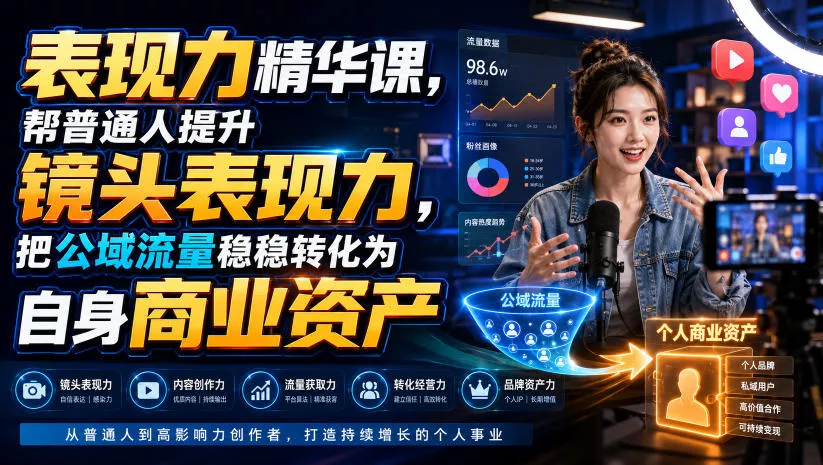 表现力精华课，帮普通人提升镜头表现力，把公域流量稳稳转化为自身商业资产兼职项目|网络创业|Ai项目| 网赚项目 | 网络创业 | AI 实战 | 副业兼职找项目_兼职创业_自媒体创业_流量变现