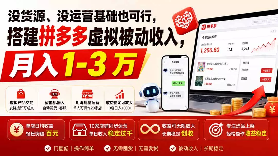 没货源、没运营基础也可行,搭建多多虚拟被动收入,月入 1-3 万兼职项目|网络创业|Ai项目| 网赚项目 | 网络创业 | AI 实战 | 副业兼职找项目_兼职创业_自媒体创业_流量变现