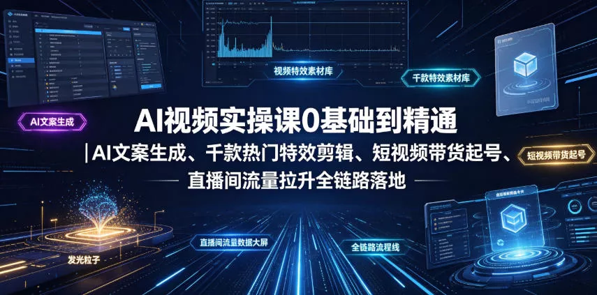 AI视频实操课0基础到精通｜AI文案生成、千款热门特效剪辑、短视频带货起号、直播间流量拉升全链路落地兼职项目|网络创业|Ai项目| 网赚项目 | 网络创业 | AI 实战 | 副业兼职找项目_兼职创业_自媒体创业_流量变现