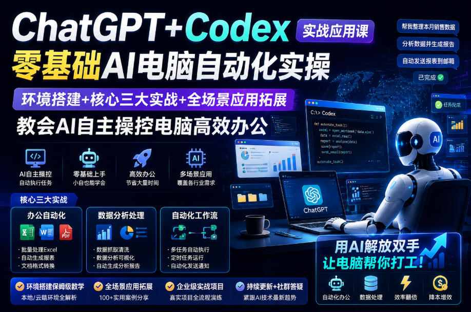 ChatGPT+Codex实战应用课｜零基础AI电脑自动化实操，环境搭建+核心三大实战+全场景应用拓展，教会AI自主操控电脑高效办公兼职项目|网络创业|Ai项目| 网赚项目 | 网络创业 | AI 实战 | 副业兼职找项目_兼职创业_自媒体创业_流量变现