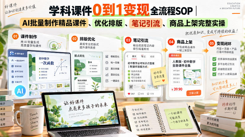 学科课件0到1变现全流程SOP｜AI批量制作精品课件、优化排版、笔记引流、商品上架完整实操兼职项目|网络创业|Ai项目| 网赚项目 | 网络创业 | AI 实战 | 副业兼职找项目_兼职创业_自媒体创业_流量变现