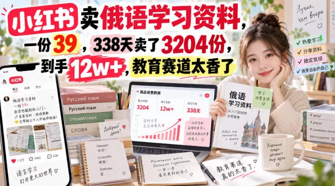 小红书卖俄语学习资料，一份39，338天卖了3204份，到手12w+，教育赛道太香了兼职项目|网络创业|Ai项目| 网赚项目 | 网络创业 | AI 实战 | 副业兼职找项目_兼职创业_自媒体创业_流量变现