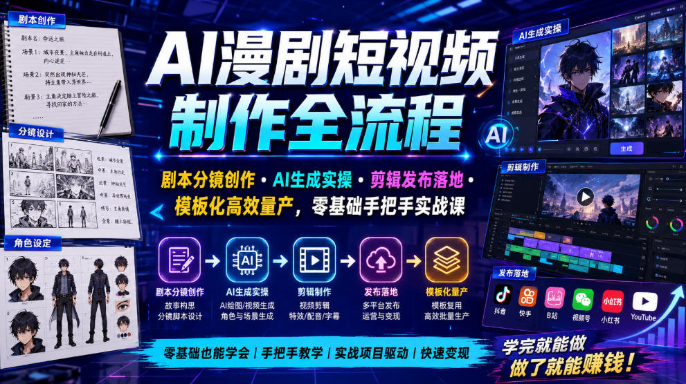 AI漫剧短视频制作全流程|剧本分镜创作・AI生成实操・剪辑发布落地・模板化高效量产,零基础手把手实战课兼职项目|网络创业|Ai项目| 网赚项目 | 网络创业 | AI 实战 | 副业兼职找项目_兼职创业_自媒体创业_流量变现