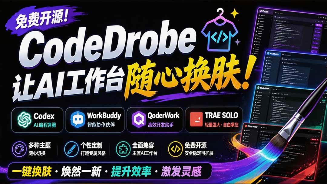 （19586期）免费开源的CodeDrobe，让AI工作台随心换肤，支持Codex、WorkBuddy等，免费且本地运行！兼职项目|网络创业|Ai项目| 网赚项目 | 网络创业 | AI 实战 | 副业兼职找项目_兼职创业_自媒体创业_流量变现