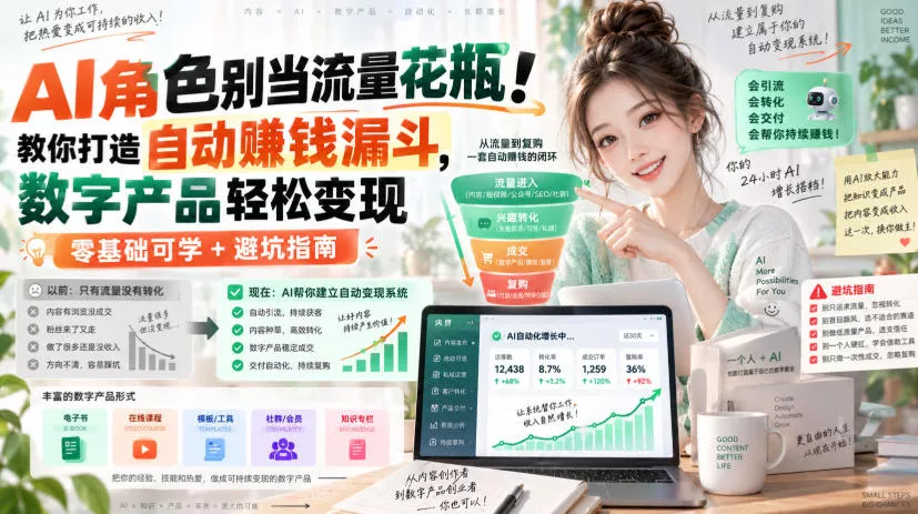 AI角色别当流量花瓶！教你打造自动賺钱漏斗，数字产品轻松变现(零基础可学+避坑指南)【原创双语字幕】兼职项目|网络创业|Ai项目| 网赚项目 | 网络创业 | AI 实战 | 副业兼职找项目_兼职创业_自媒体创业_流量变现