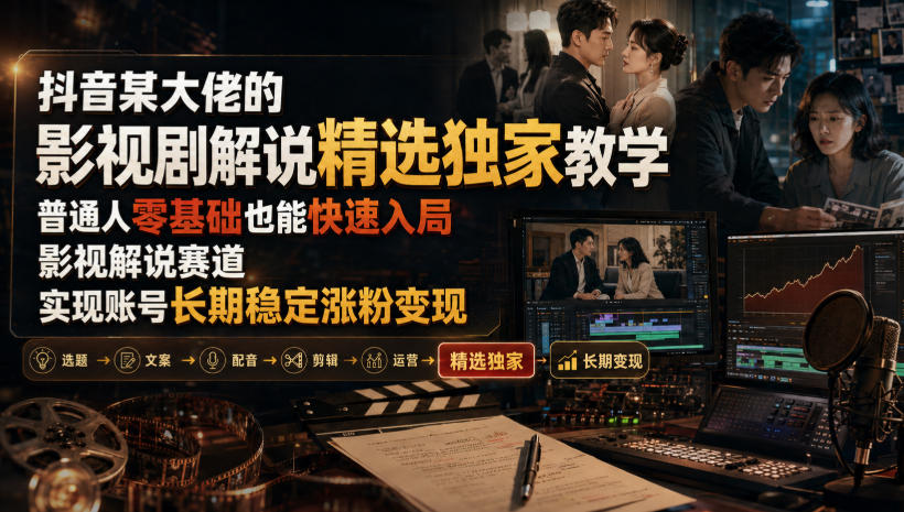 抖音某大佬的影视剧解说精选独家教学，普通人零基础也能快速入局影视解说赛道，实现账号长期稳定变现兼职项目|网络创业|Ai项目| 网赚项目 | 网络创业 | AI 实战 | 副业兼职找项目_兼职创业_自媒体创业_流量变现
