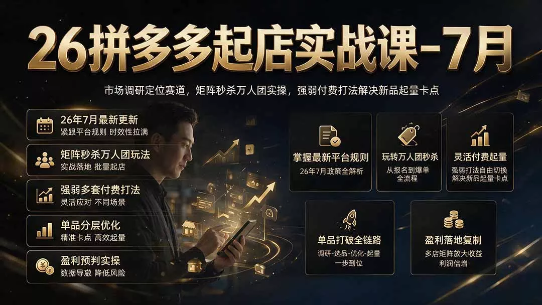 26拼多多起店实战课-7月｜市场调研定位赛道，矩阵秒杀万人团实操，强弱付费打法解决新品起量卡点兼职项目|网络创业|Ai项目| 网赚项目 | 网络创业 | AI 实战 | 副业兼职找项目_兼职创业_自媒体创业_流量变现