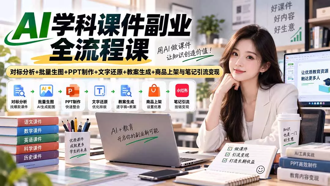AI学科课件副业全流程课｜对标分析+批量生图+PPT制作+文字还原+教案生成+商品上架与笔记引流变现兼职项目|网络创业|Ai项目| 网赚项目 | 网络创业 | AI 实战 | 副业兼职找项目_兼职创业_自媒体创业_流量变现