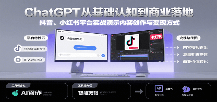 ChatGPT从基础认知到商业落地,实战演示抖音、小红书等平台的内容创作与变现兼职项目|网络创业|Ai项目| 网赚项目 | 网络创业 | AI 实战 | 副业兼职找项目_兼职创业_自媒体创业_流量变现