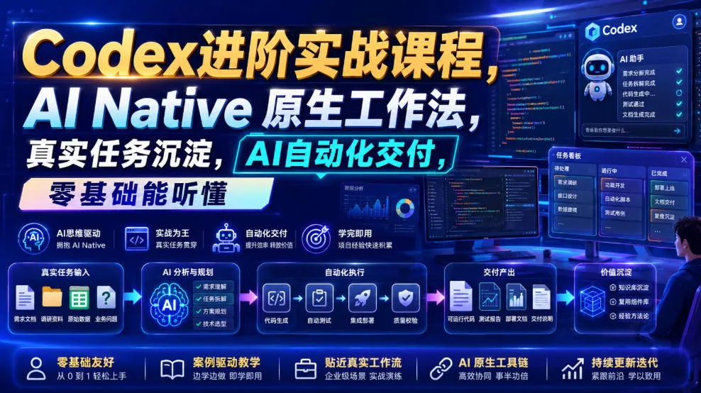 Codex进阶实战课|AI Native原生工作法,22节真实任务落地,从配置到AI自动化交付全链路教程兼职项目|网络创业|Ai项目| 网赚项目 | 网络创业 | AI 实战 | 副业兼职找项目_兼职创业_自媒体创业_流量变现