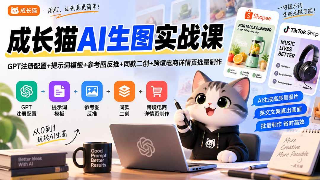 （20482期）成长猫AI生图实战课｜GPT注册配置+提示词模板+参考图反推+同款二创+跨境电商详情页批量制作兼职项目|网络创业|Ai项目| 网赚项目 | 网络创业 | AI 实战 | 副业兼职找项目_兼职创业_自媒体创业_流量变现