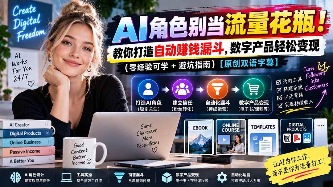 （20475期）AI角色别当流量花瓶！教你打造自动赚钱漏斗，数字产品轻松变现（零经验可学+避坑指南）【原创双语字幕】兼职项目|网络创业|Ai项目| 网赚项目 | 网络创业 | AI 实战 | 副业兼职找项目_兼职创业_自媒体创业_流量变现