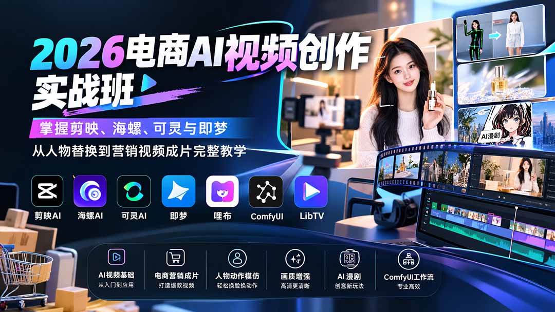 （20466期）2026电商AI视频创作实战班：掌握剪映、海螺、可灵与即梦，从人物替换到营销视频成片完整教学兼职项目|网络创业|Ai项目| 网赚项目 | 网络创业 | AI 实战 | 副业兼职找项目_兼职创业_自媒体创业_流量变现