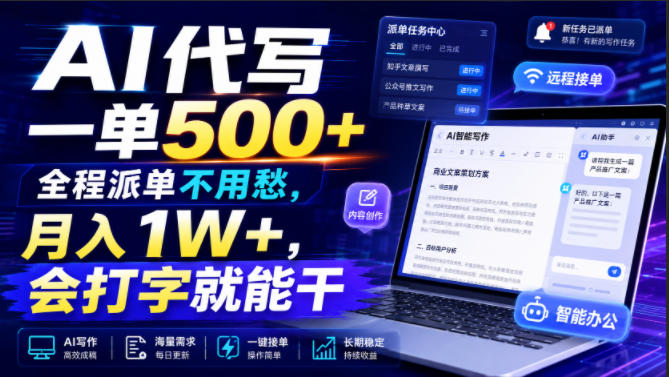 AI代写一单500+,全程派单不用愁,月入1W+,会打字就能干【揭秘】兼职项目|网络创业|Ai项目| 网赚项目 | 网络创业 | AI 实战 | 副业兼职找项目_兼职创业_自媒体创业_流量变现