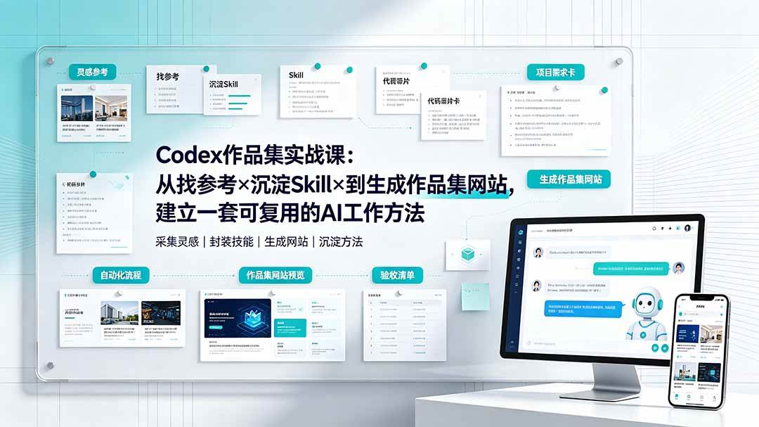 (19361期)Codex作品集实战课:从找参考×沉淀Skill×到生成作品集网站,建立一套可复用的AI工作方法兼职项目|网络创业|Ai项目| 网赚项目 | 网络创业 | AI 实战 | 副业兼职找项目_兼职创业_自媒体创业_流量变现