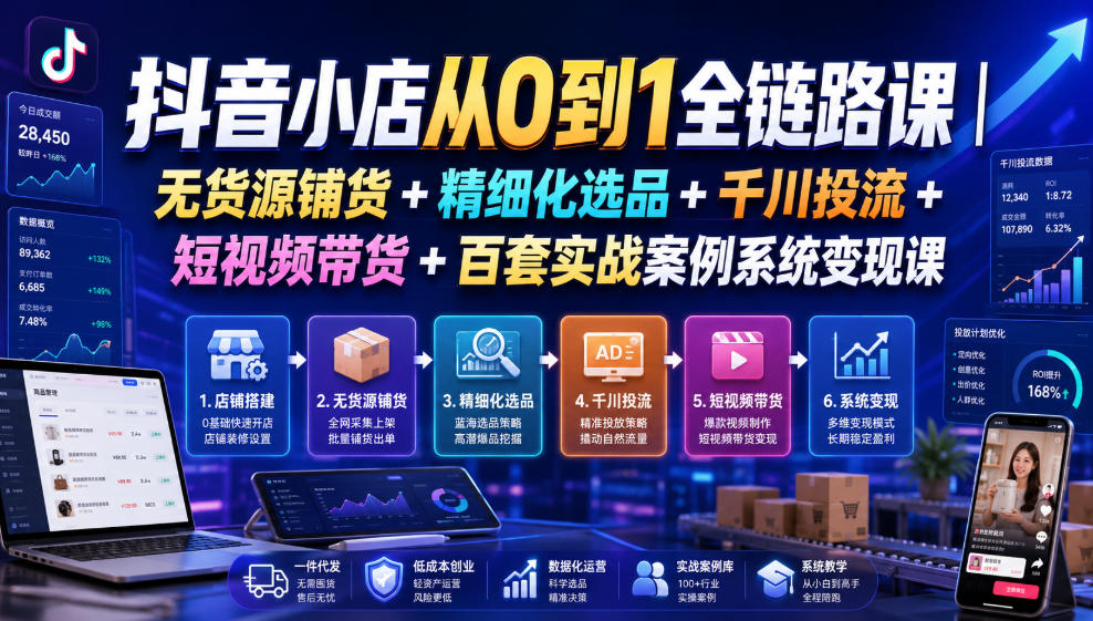 抖音小店从0到1全链路课｜无货源铺货+精细化选品+千川投流+短视频带货+百套实战案例系统变现课（2026年7月更新）兼职项目|网络创业|Ai项目| 网赚项目 | 网络创业 | AI 实战 | 副业兼职找项目_兼职创业_自媒体创业_流量变现