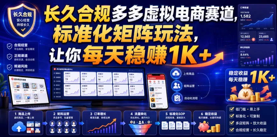 长久合规多多虚拟电商赛道，标准化矩阵玩法，让你每天稳賺1K+【揭秘】兼职项目|网络创业|Ai项目| 网赚项目 | 网络创业 | AI 实战 | 副业兼职找项目_兼职创业_自媒体创业_流量变现