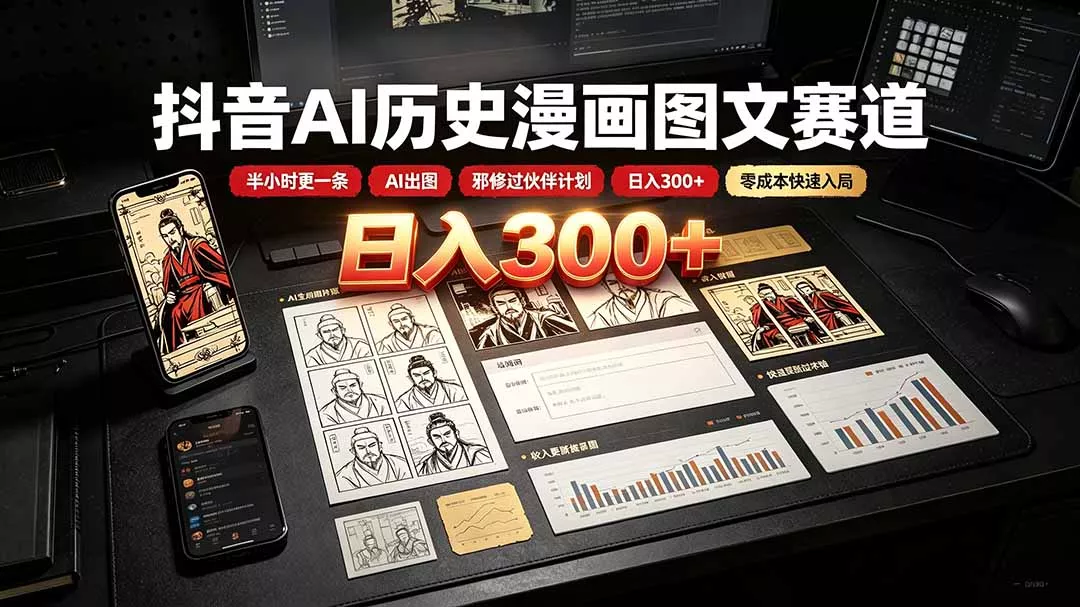 抖音AI历史漫画图文赛道:半小时更一条×AI出图×邪修过伙伴计划×日入300+,零成本快速入局兼职项目|网络创业|Ai项目| 网赚项目 | 网络创业 | AI 实战 | 副业兼职找项目_兼职创业_自媒体创业_流量变现