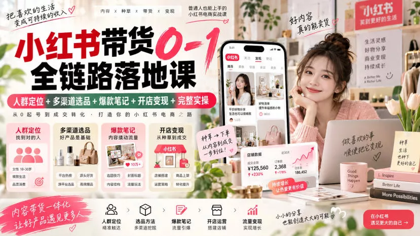 小红书带货0-1全链路落地课｜人群定位+多渠道选品+爆款笔记+开店变现完整实操兼职项目|网络创业|Ai项目| 网赚项目 | 网络创业 | AI 实战 | 副业兼职找项目_兼职创业_自媒体创业_流量变现