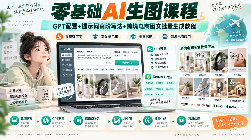 零基础AI生图课程，GPT配置+提示词高阶写法+跨境电商图文批量生成教程兼职项目|网络创业|Ai项目| 网赚项目 | 网络创业 | AI 实战 | 副业兼职找项目_兼职创业_自媒体创业_流量变现
