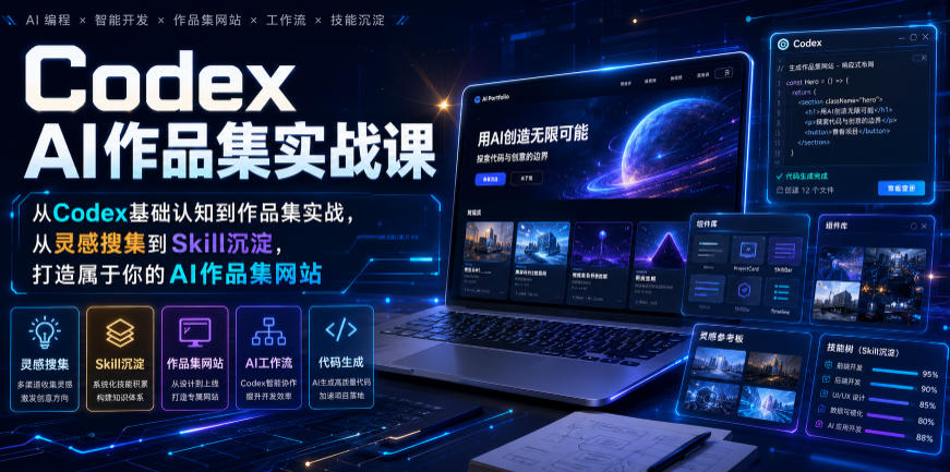 Codex AI作品集实战课,从Codex基础认知到作品集实战,从灵感搜集到Skill沉淀,打造属于你的AI作品集网站兼职项目|网络创业|Ai项目| 网赚项目 | 网络创业 | AI 实战 | 副业兼职找项目_兼职创业_自媒体创业_流量变现