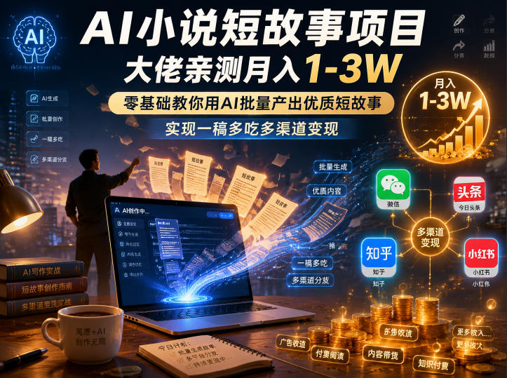AI小说短故事项目，大佬亲测月入1-3W，零基础教你用AI批量产出优质短故事，实现一稿多吃多渠道变现（更新0824）兼职项目|网络创业|Ai项目| 网赚项目 | 网络创业 | AI 实战 | 副业兼职找项目_兼职创业_自媒体创业_流量变现