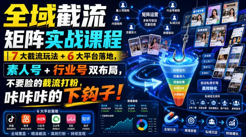 全域截流矩阵实战课程｜7大截流玩法+6大平台落地，素人号+行业号双布局，不要脸的截流打粉，咔咔咔的下钩子！兼职项目|网络创业|Ai项目| 网赚项目 | 网络创业 | AI 实战 | 副业兼职找项目_兼职创业_自媒体创业_流量变现