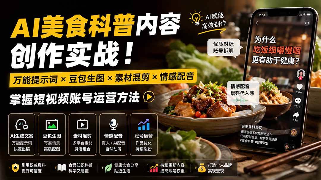 （19730期）外面卖199元-AI美食科普内容创作实战！万能提示词×豆包生图×素材混剪×情感配音，掌握短视频账号运营方法兼职项目|网络创业|Ai项目| 网赚项目 | 网络创业 | AI 实战 | 副业兼职找项目_兼职创业_自媒体创业_流量变现